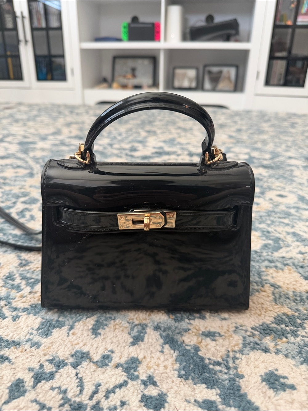 Mille Bags Black Patent Top-Handle Mini Bag with Gold Hardware